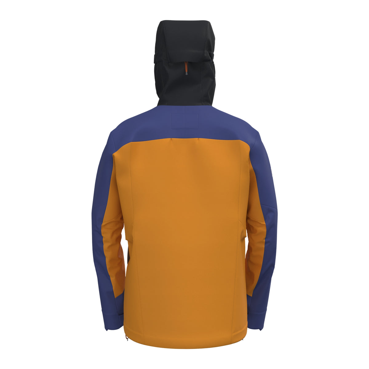 Orange waterproof jacket with navy sleeves and attached hood, back view