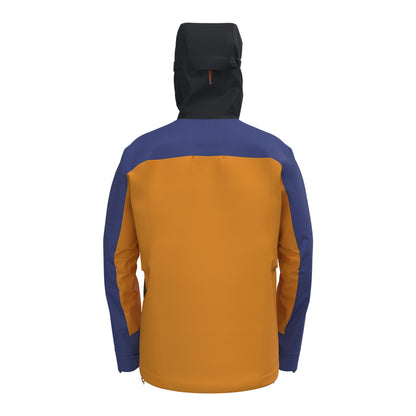 Orange waterproof jacket with navy sleeves and attached hood, back view