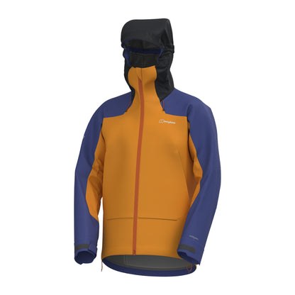 Orange and navy two-tone waterproof jacket with full zipper and chest logo