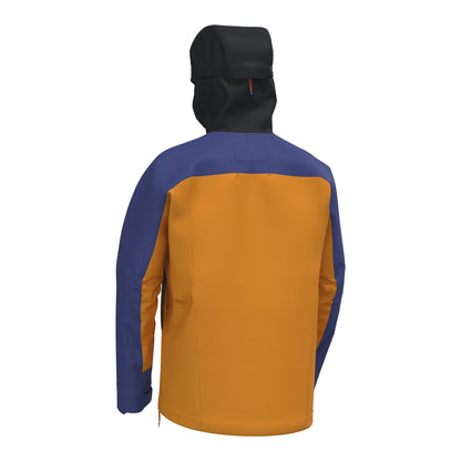 Men's waterproof jacket in orange and blue with black hood and full zip