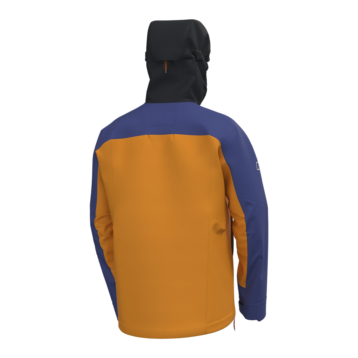 Men's waterproof jacket, back view, orange center panel with blue shoulders and black hood