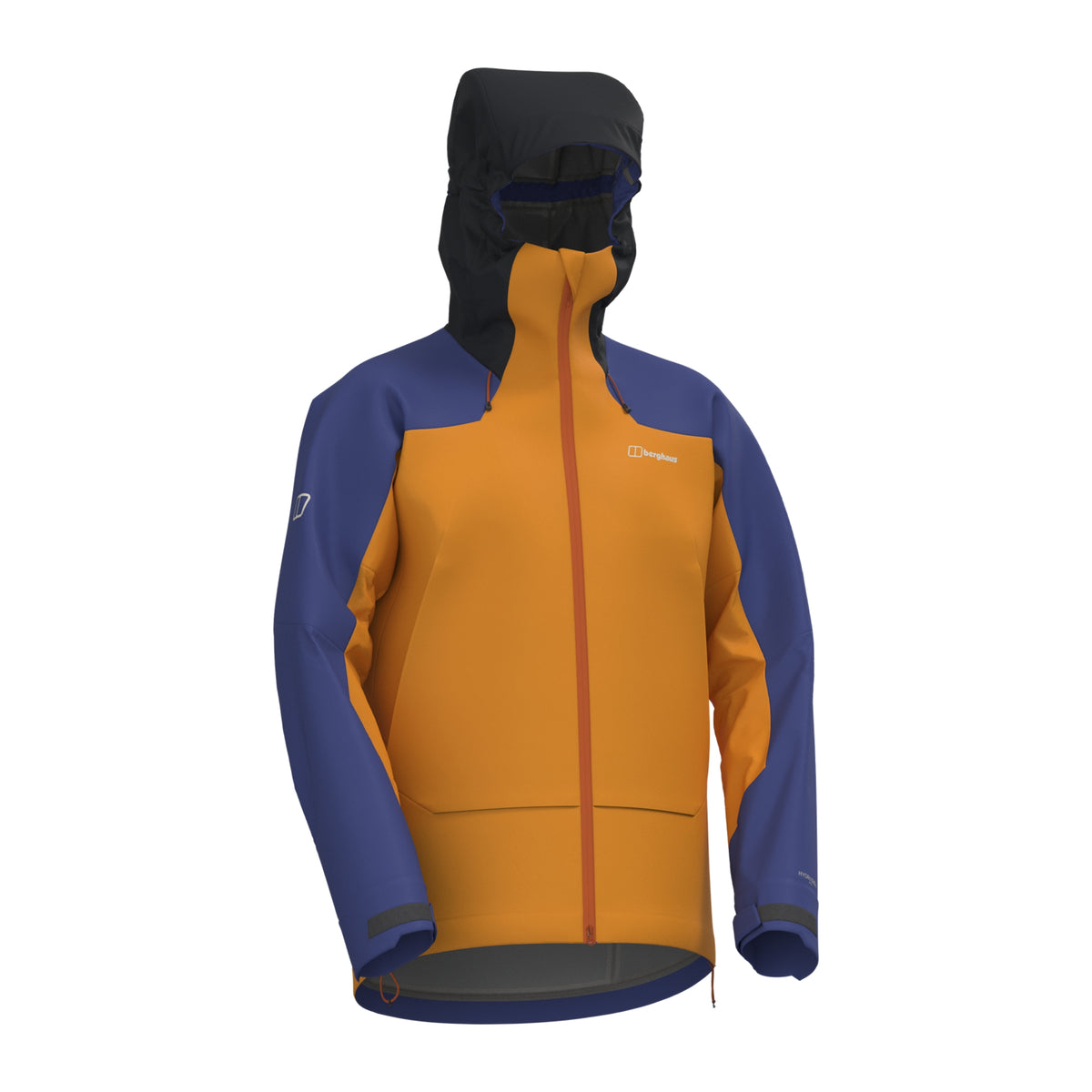 Men's waterproof jacket in orange and blue with black hood and high collar
