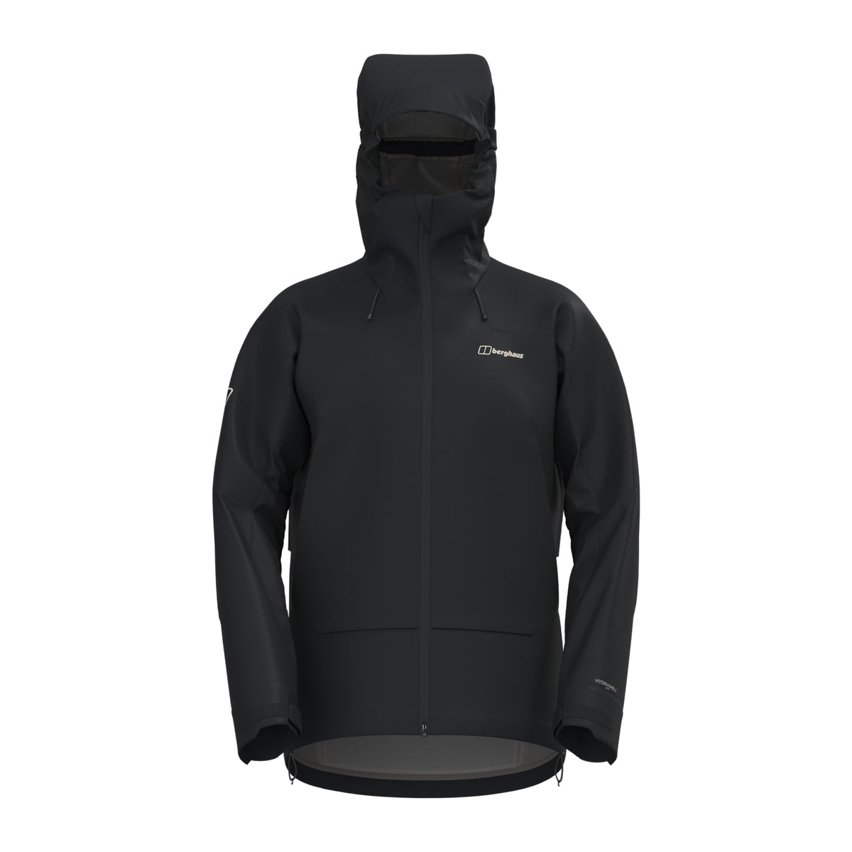 Men's waterproof jacket in dark black with adjustable hood and front zipper