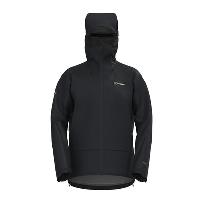 Men's waterproof jacket in dark black with adjustable hood and front zipper