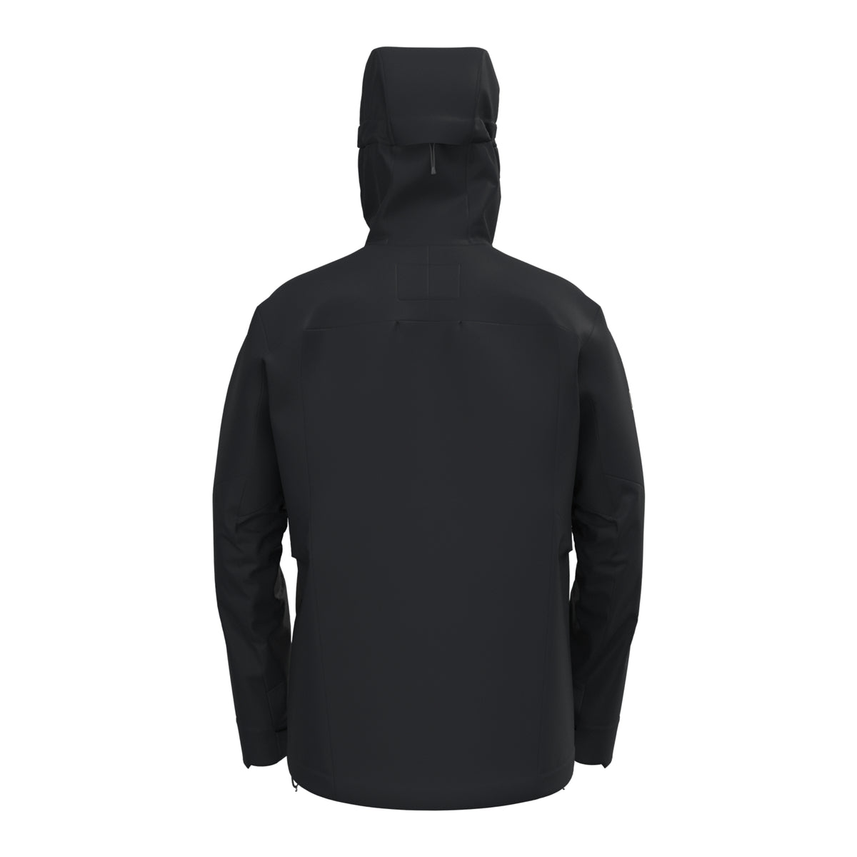 Men's waterproof jacket back view in dark black with adjustable hood
