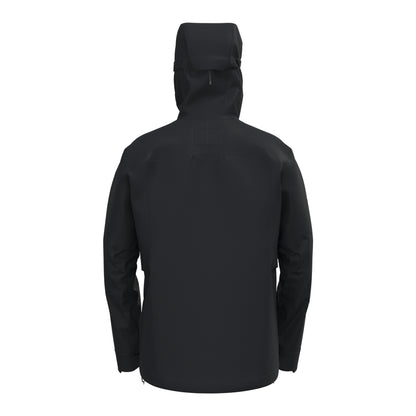 Men's waterproof jacket back view in dark black with adjustable hood