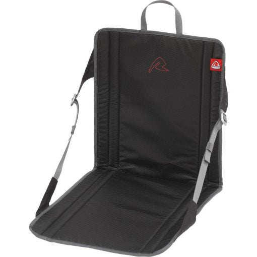 Black folding camping seat with carrying handle and backrest panel, red logo patch