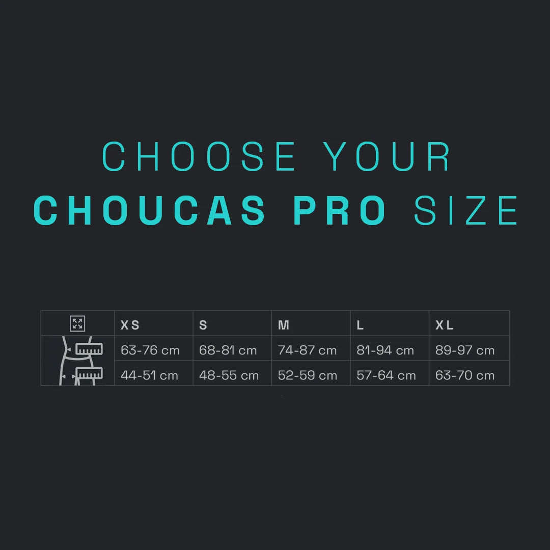 Choucas Pro harness size chart showing XS to XL waist and leg-loop measurements