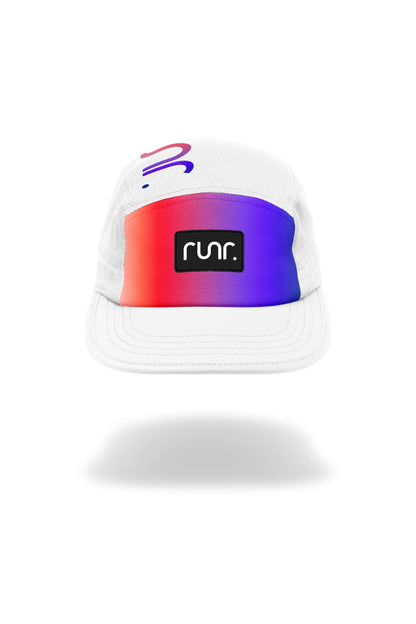 White technical running cap with rainbow gradient front band and runr logo patch