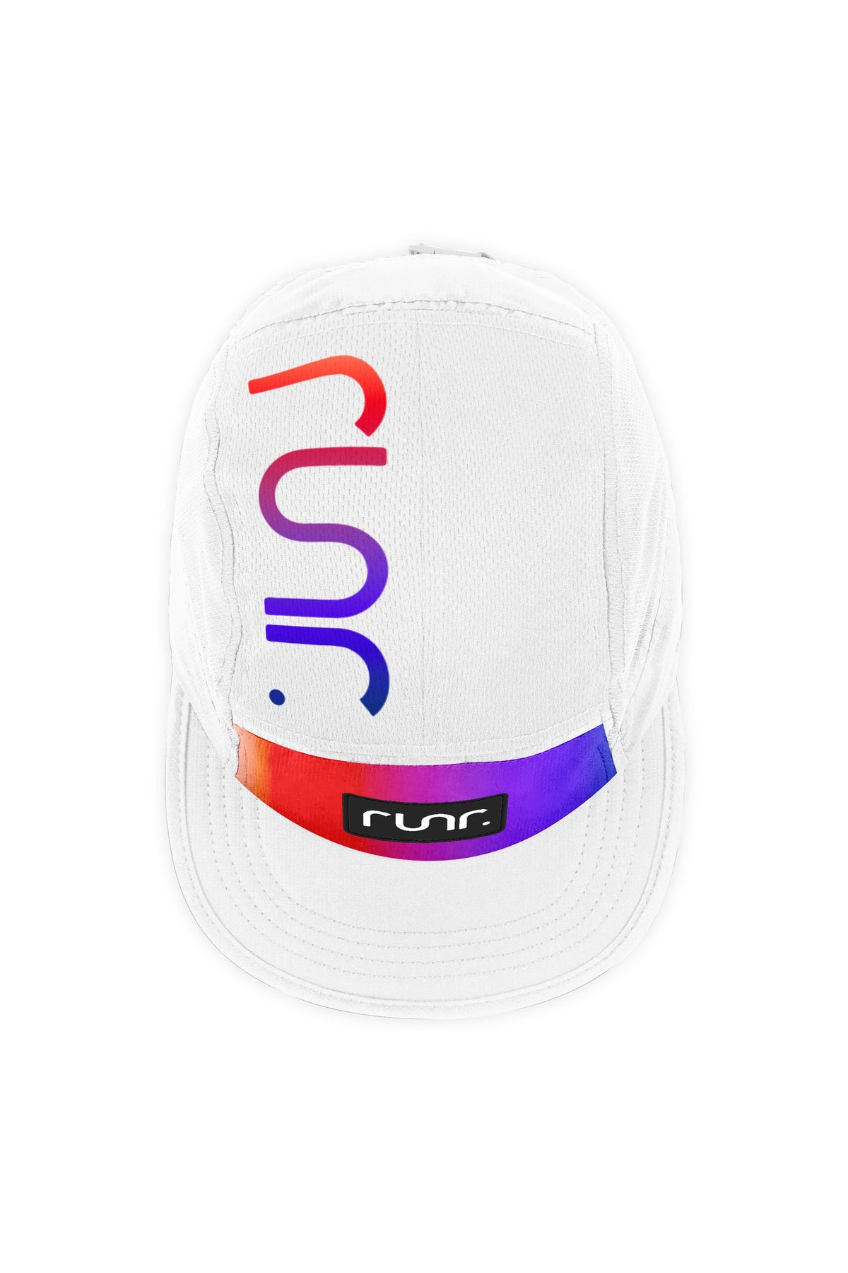White technical running cap with runr lettering and purple-red gradient brim panel