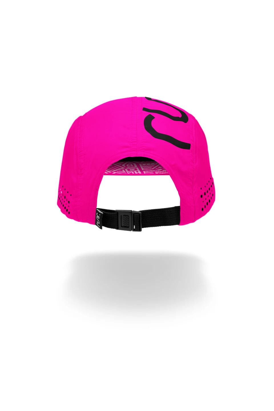 Pink technical running hat back view with vent holes and adjustable black strap buckle.