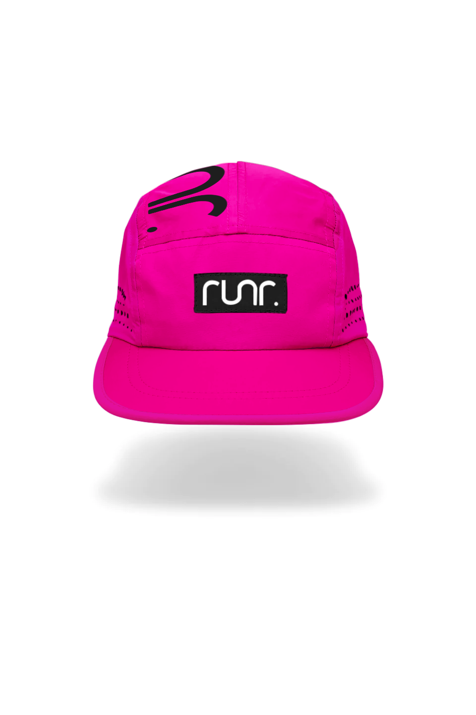 Pink technical running hat with black RUN logo patch and curved brim.
