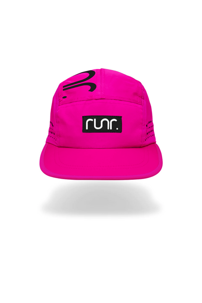 Pink technical running hat with black RUN logo patch and curved brim.