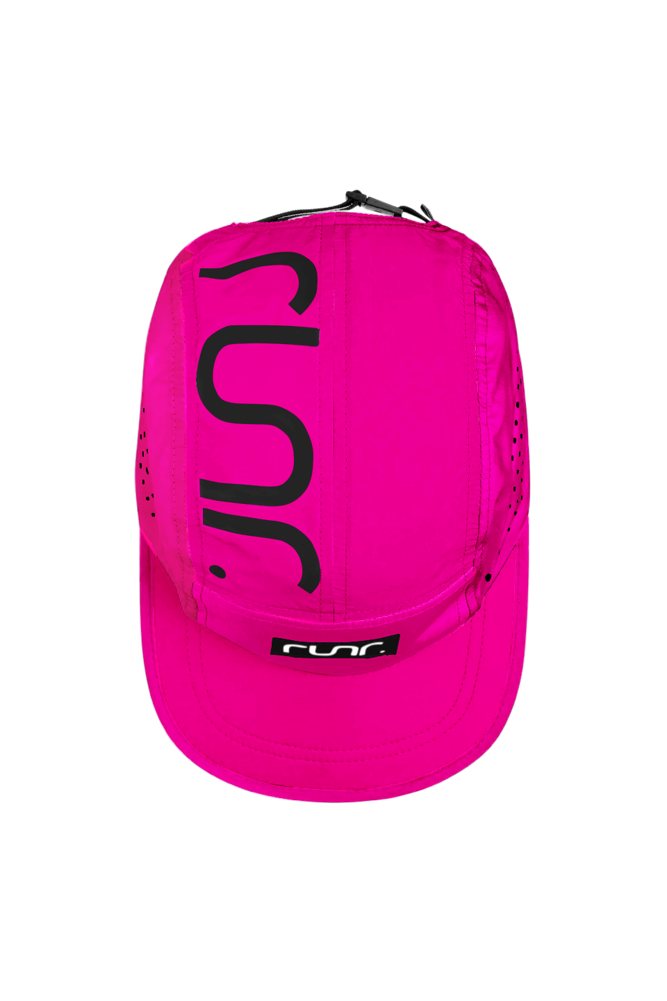Pink technical running hat back with large black “5”/RUN marking and cinch strap.