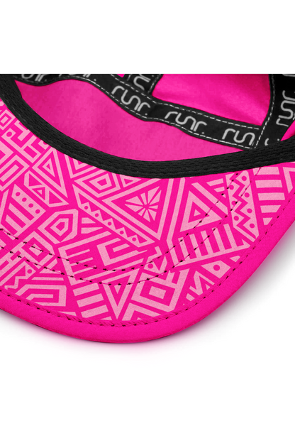 Pink running hat inner brim with geometric print lining and black edge trim.