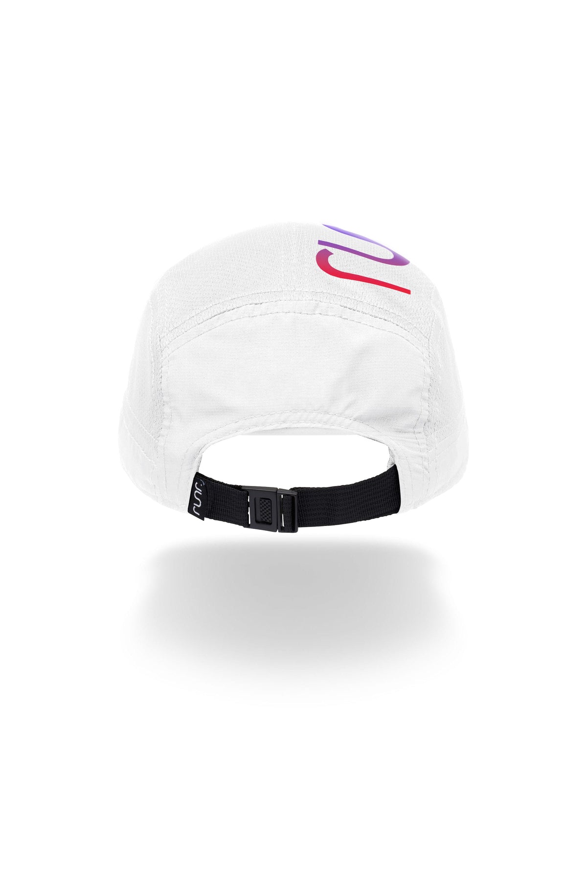 White technical running cap with adjustable back strap and multicolor side logo band