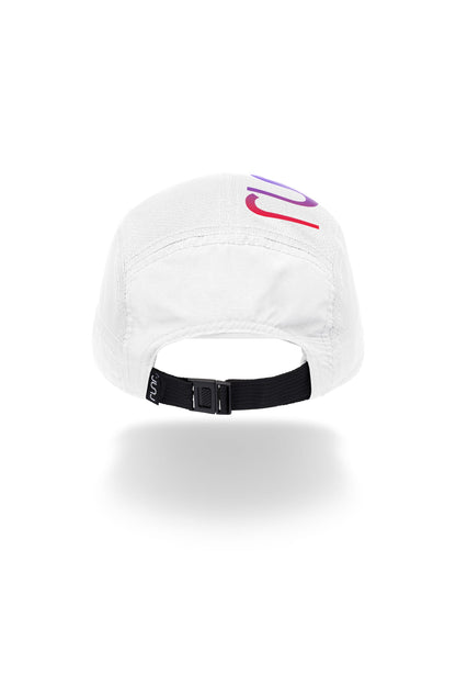 White technical running cap with adjustable back strap and multicolor side logo band