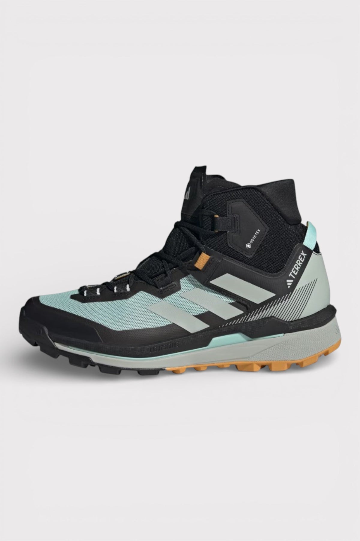 Adidas Terrex high-top boot, black with aqua side panels, GORE-TEX label, tread sole