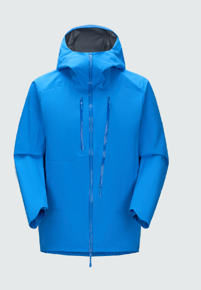 Blue shell jacket with adjustable hood, front zipper, and two pull cords