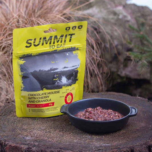 Chocolate mousse meal kit, yellow pouch and dark serving bowl