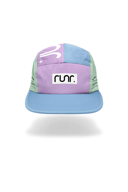 Color-block technical running hat front view with RUNR logo patch and curved light-blue brim