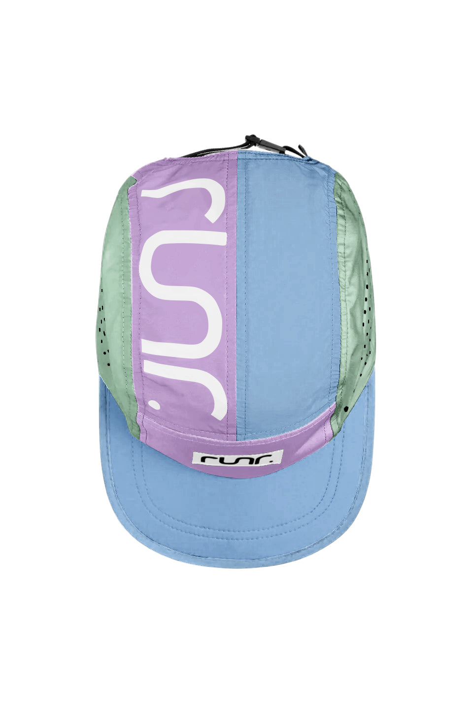 Technical running hat with large stylized 's' panel, black closure, and color-block design