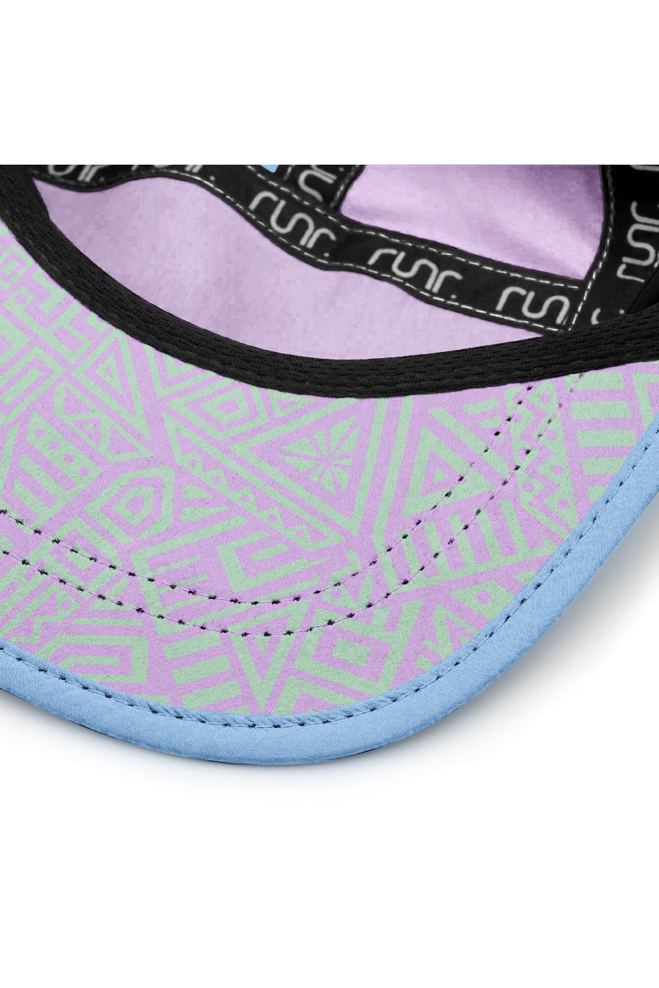 Technical running hat brim with black inner trim and purple-and-mint geometric underside