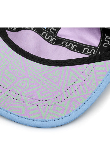 Technical running hat brim with black inner trim and purple-and-mint geometric underside