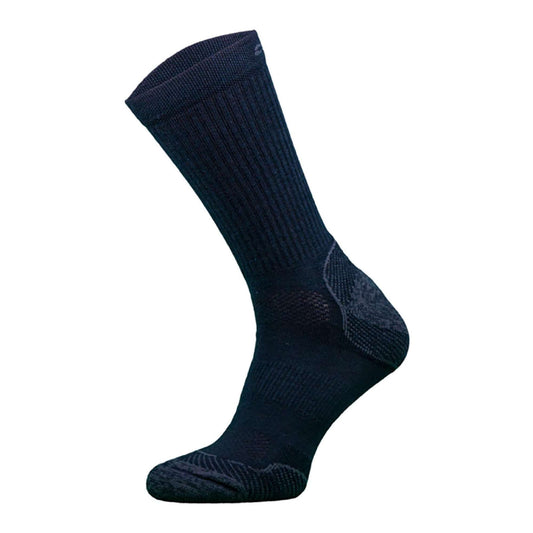 Black merino wool lightweight hiking sock with ribbed cuff and cushioned foot