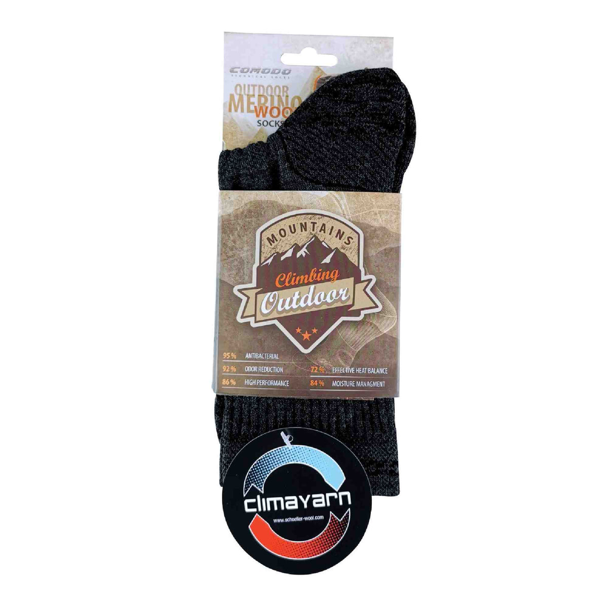 Black merino wool hiking sock in retail package with outdoor brand patch