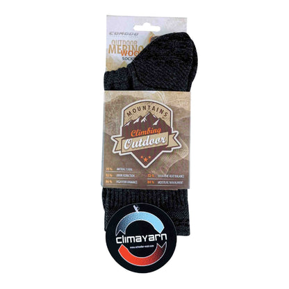 Black merino wool hiking sock in retail package with outdoor brand patch