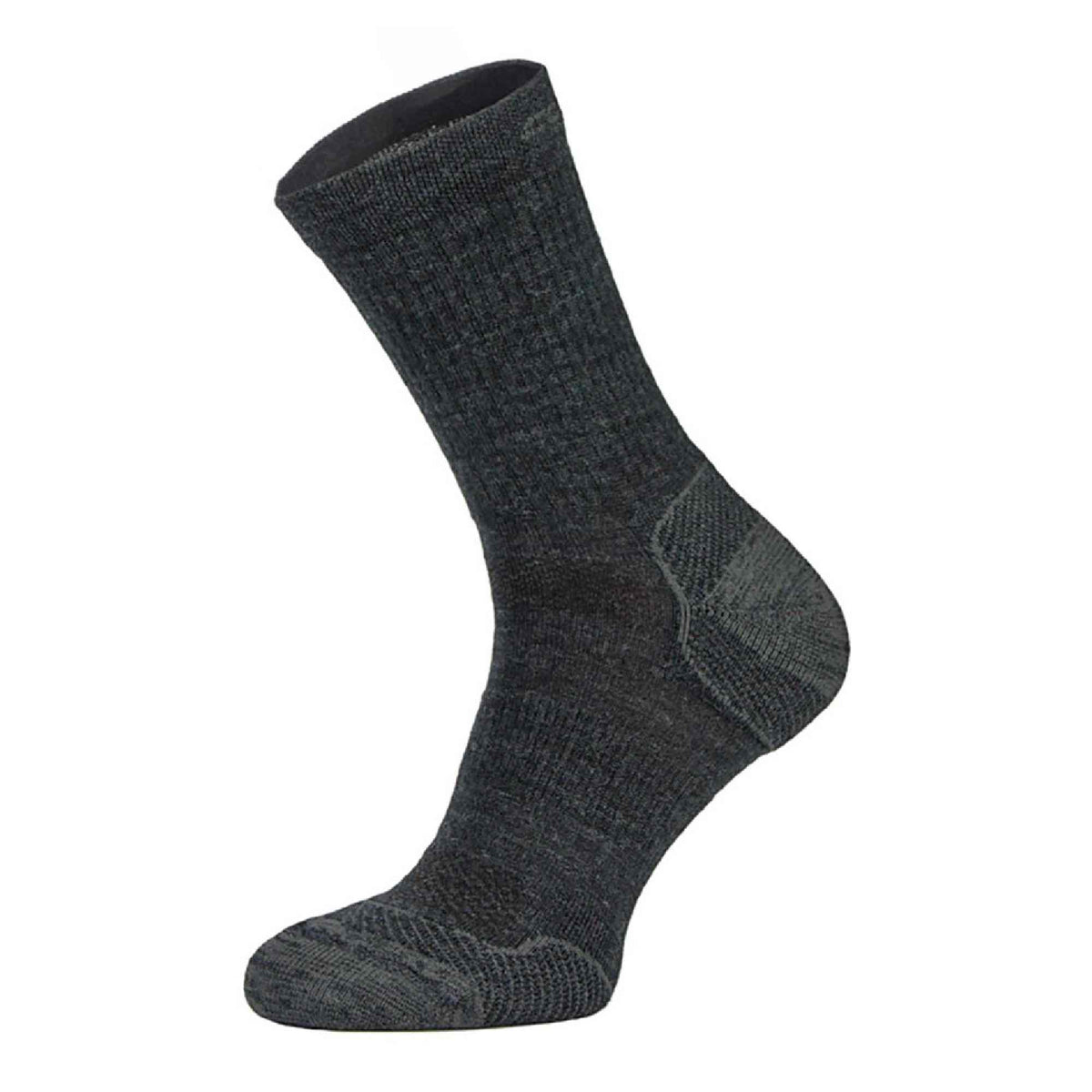 Dark grey merino wool lightweight hiking sock with ribbed cuff and knit pattern