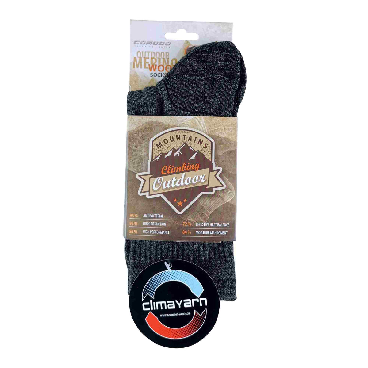 Dark grey merino wool hiking sock in retail package with climayarn logo