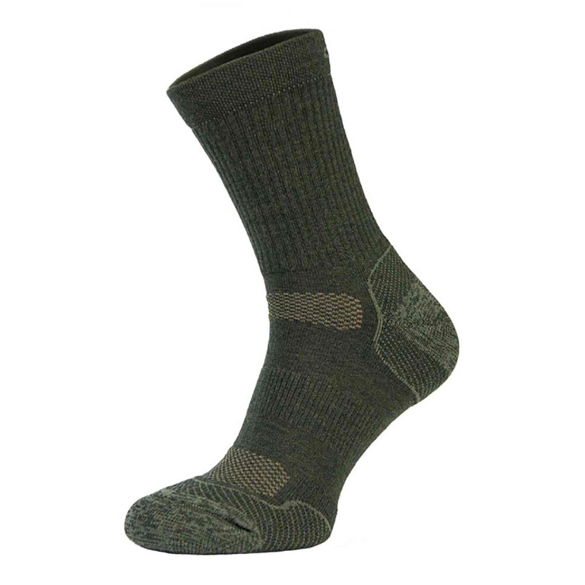 Khaki green merino wool lightweight hiking sock with ribbed cuff and cushioned sole