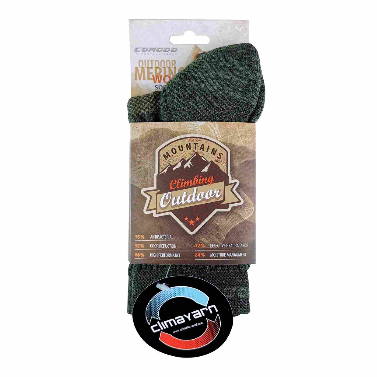 Khaki green merino wool hiking sock in retail package with Mountains Outdoor badge