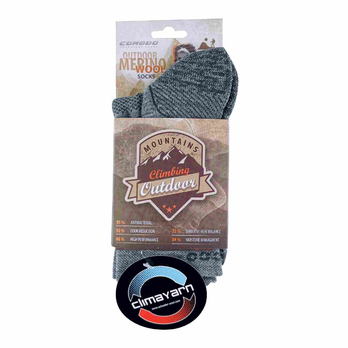 Medium grey merino wool hiking sock in retail package with climayarn logo