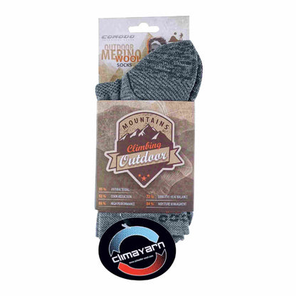 Medium grey merino wool hiking sock in retail package with climayarn logo