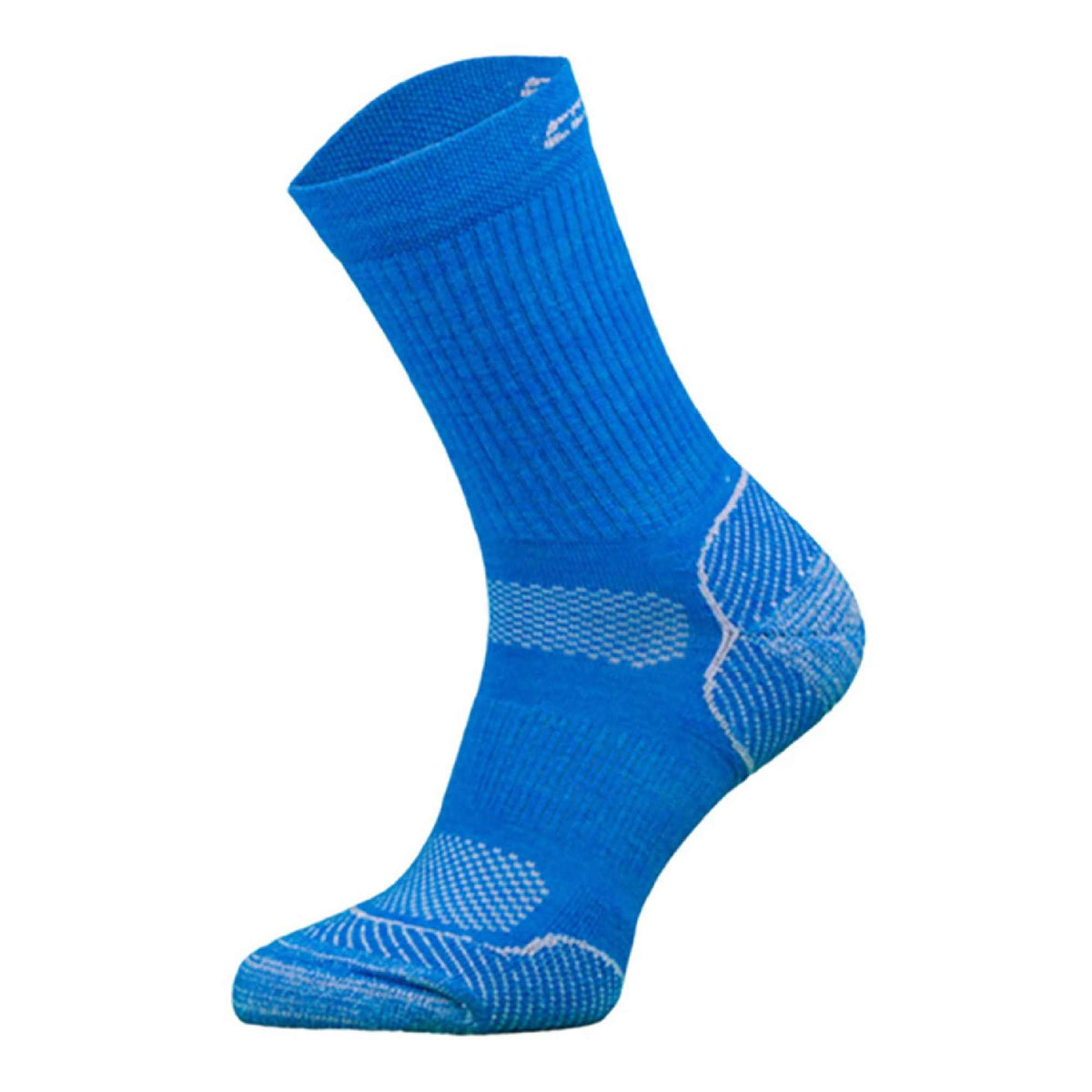 Blue merino wool lightweight hiking sock with ribbed knit and textured arch