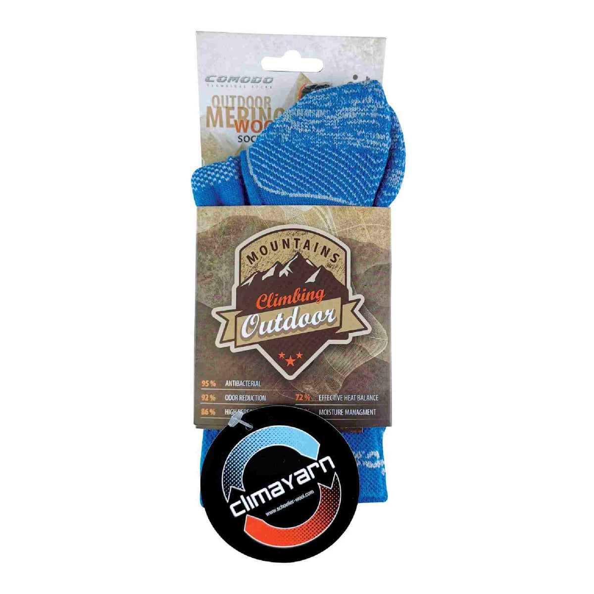Blue merino wool hiking sock in retail package with Mountains Outdoor label