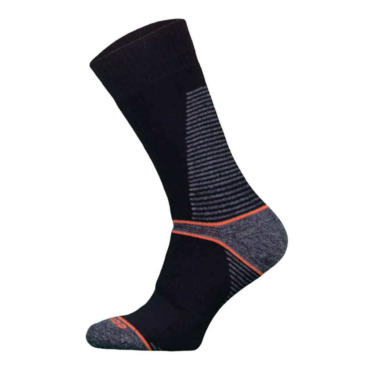Black merino wool hiking socks with orange and grey heel/toe stripes