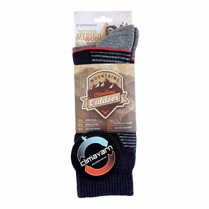 Dark navy merino wool hiking socks with light stripes and Climayarn logo on pack