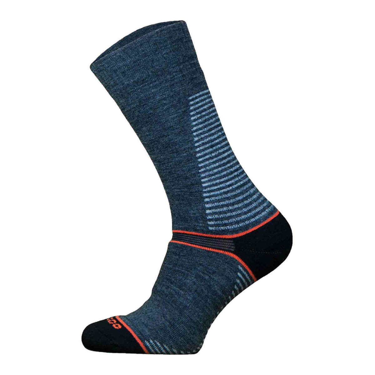 Dark heather grey merino wool hiking socks with orange accent line and dark toe