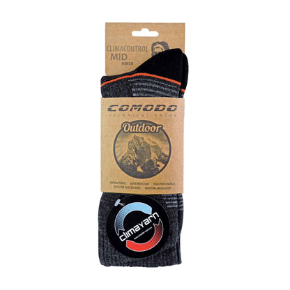 Dark charcoal merino wool hiking socks with orange stripe in retail pack