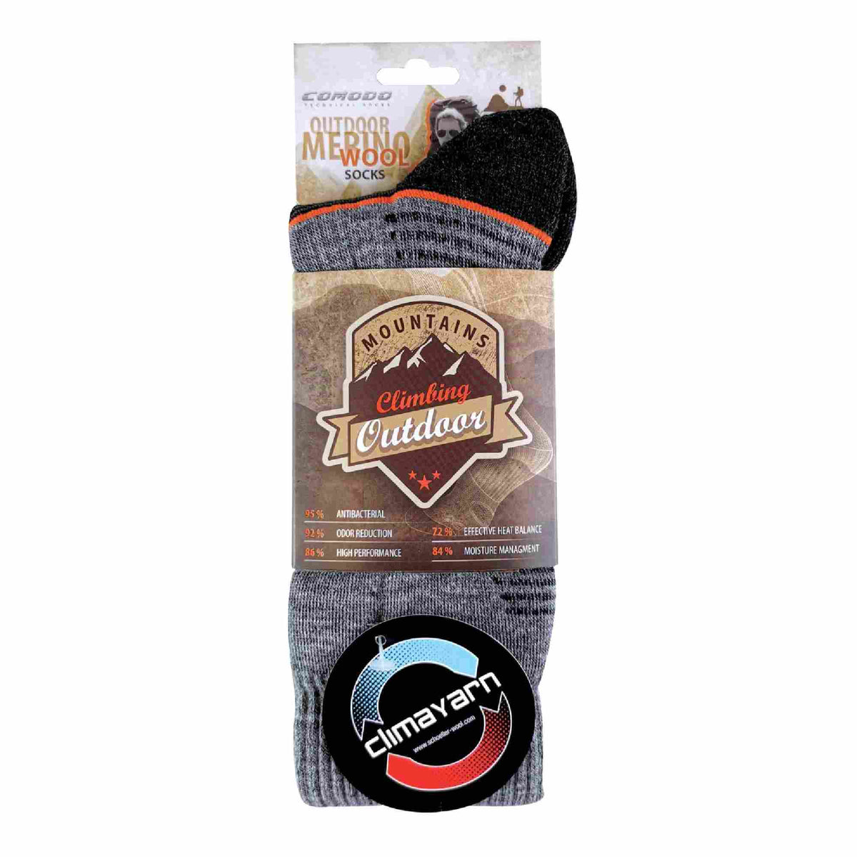Heather grey merino wool hiking socks with orange accent line in retail pack