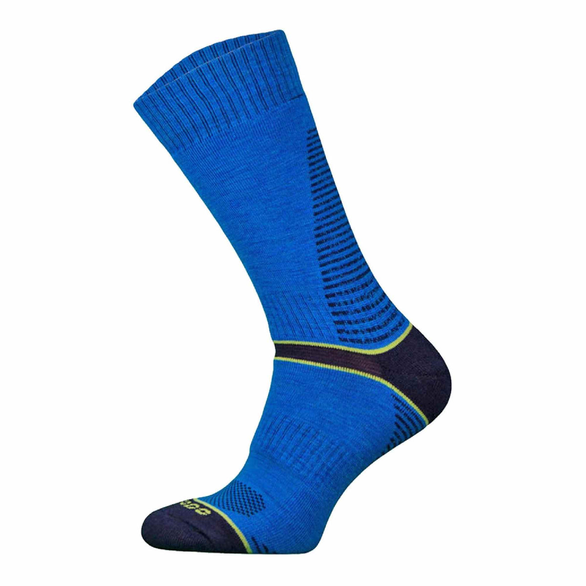 Blue merino wool hiking socks with dark toe and neon yellow-green heel stripe