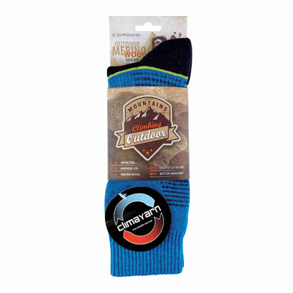 Blue merino wool hiking socks with black top and neon yellow-green stripe in pack
