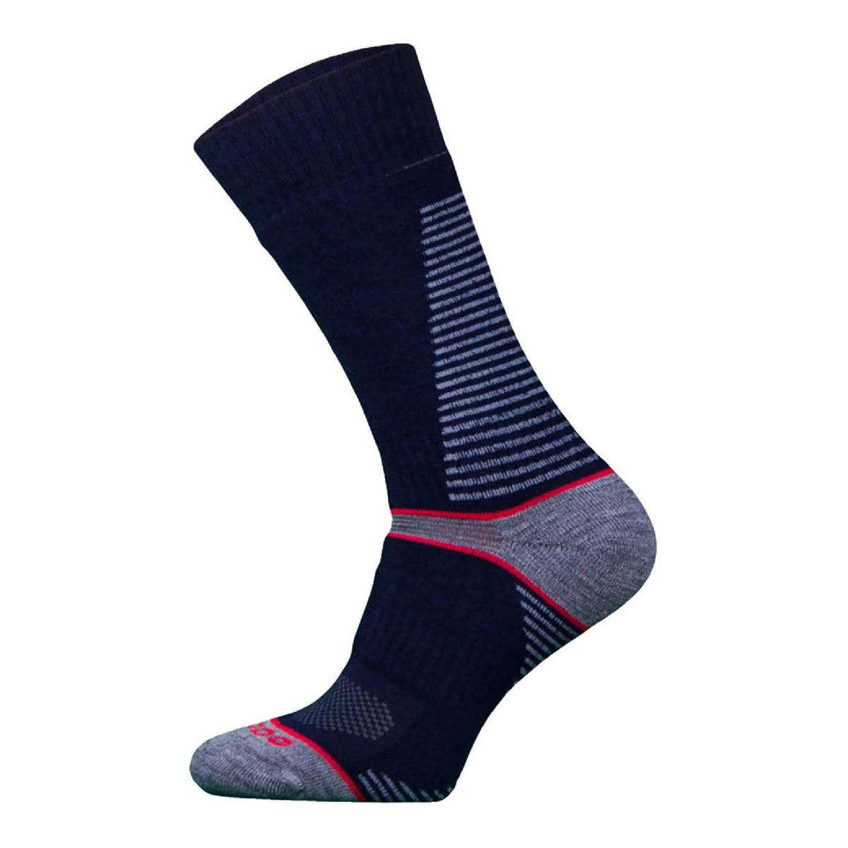 Navy merino wool hiking socks with grey stripes and red accent around foot
