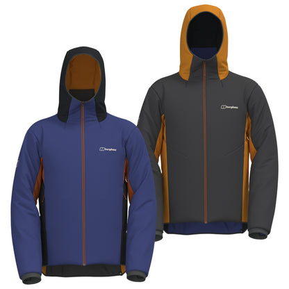 Reversible insulated jacket, blue and dark hooded sides with orange zipper center