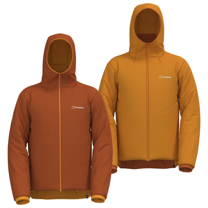 Men's reversible insulated jacket with orange zip front and dark orange hood lining