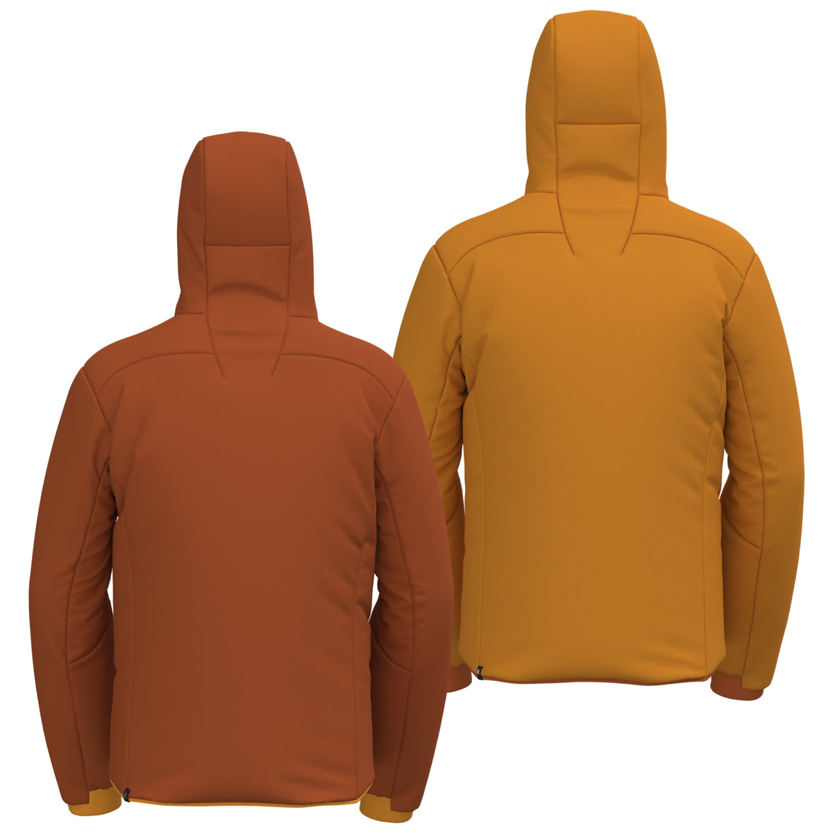 Reversible insulated jacket back view with orange and dark orange hooded panels